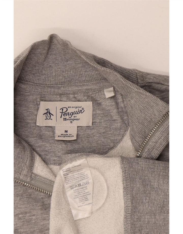 PENGUIN Mens Zip Neck Sweatshirt Jumper Medium Grey Cotton