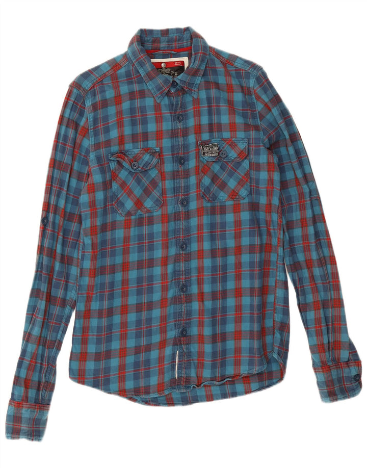 Мужская фланелевая рубашка Superdry, хлопковая синяя клетка среднего размера