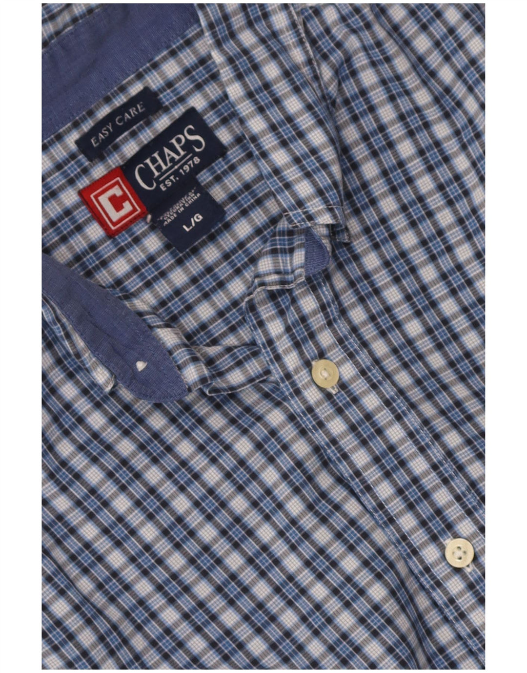 Chaps Mens Easy Care Short Sleeve Shirt Large Blue Check Cotton