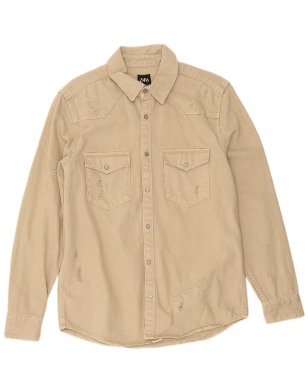 Zara Herre Distressed Denim Shirt Medium Beige Bomuld