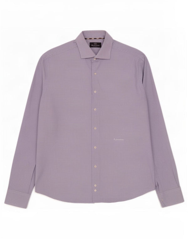 Camisa masculina Aquascutum tamanho 17 1/2 44 XL algodão geométrico azul