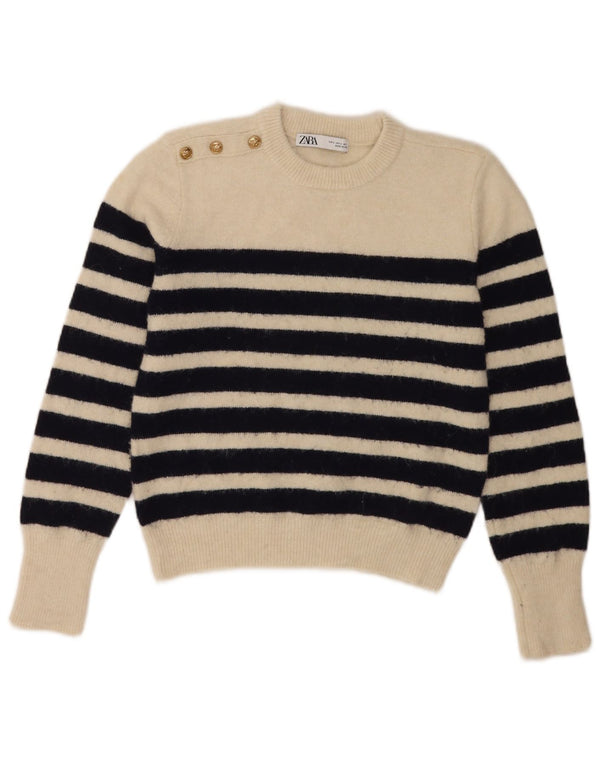 Zara Womens Crop Crew Neck Jumper Sweater UK 14 Large White Striped