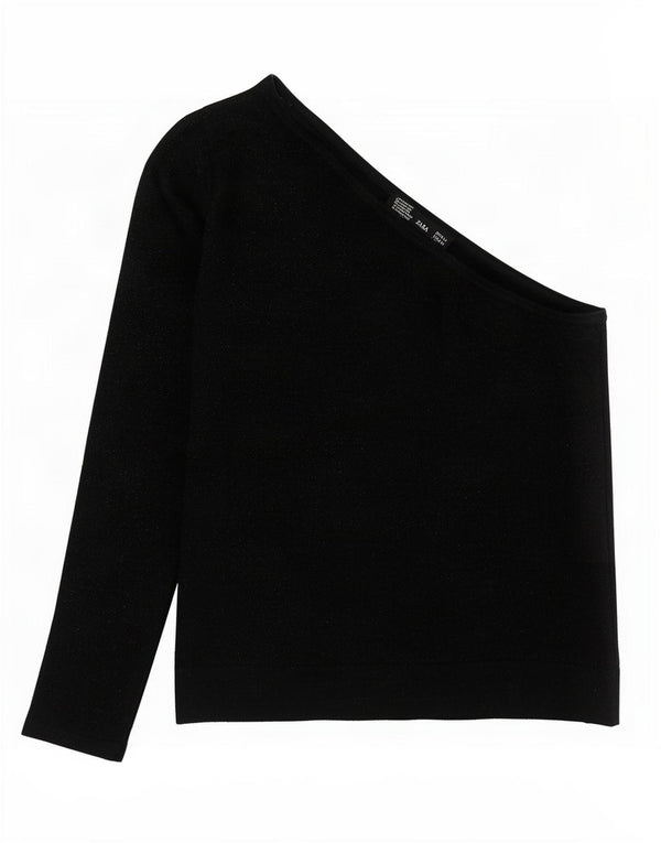 Zara Womens Crop One Shoulder Top UK 12 Medium Black Flecked Cotton