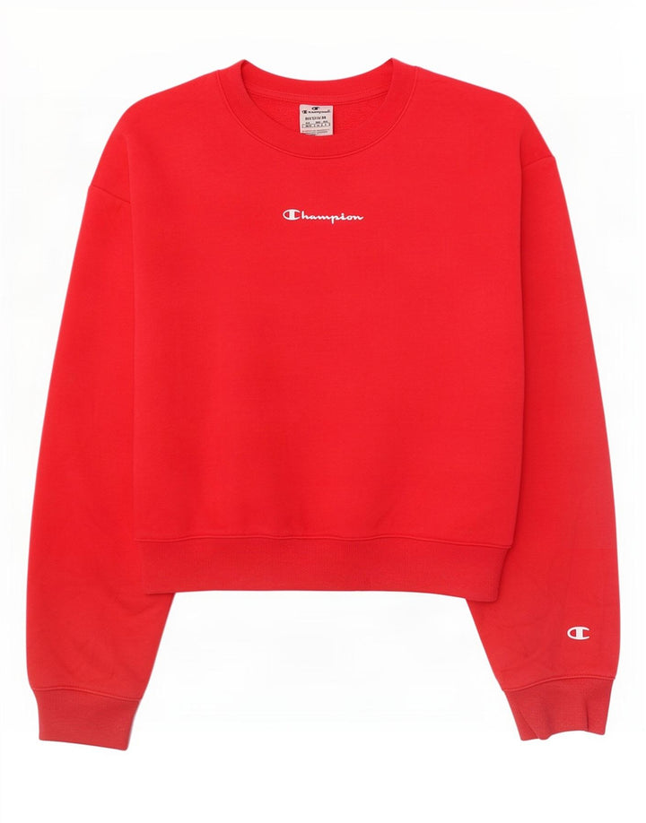 Champion Womens Graphic Crop Sweatshirt Jumper UK 14 Medium Red Cotton