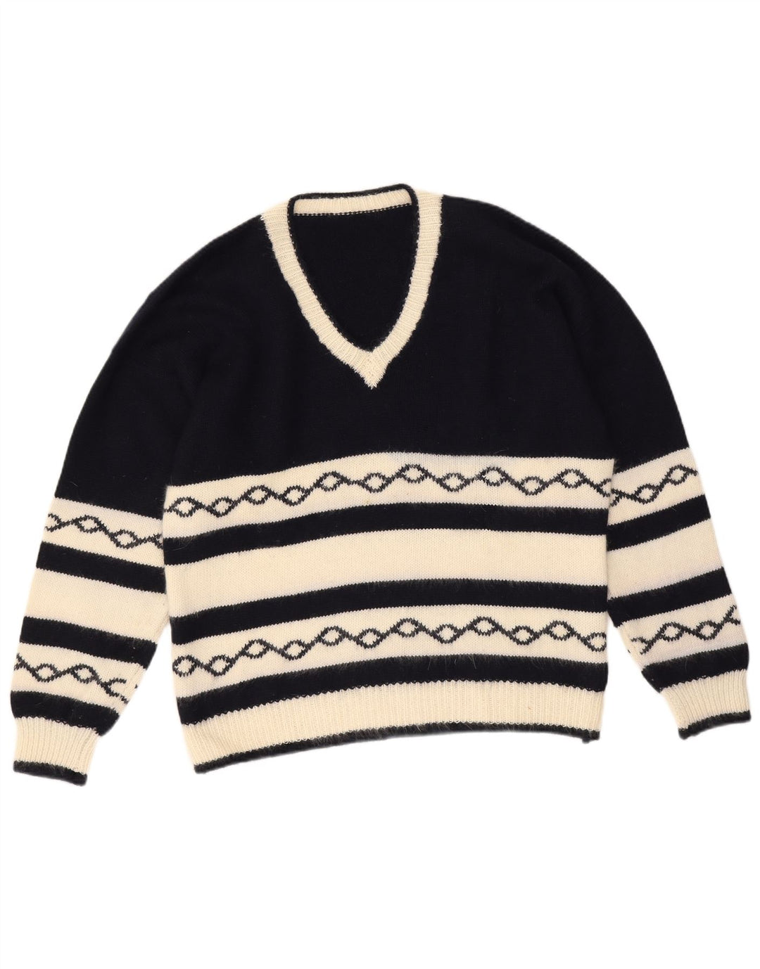 Vintage Mens V-Neck Jumper Sweater Medium Navy Blue Geometric