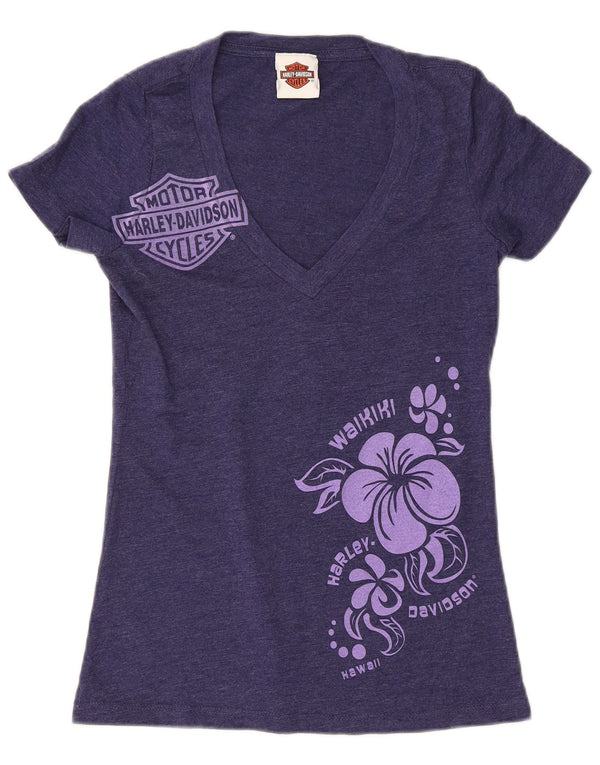 Harley Davidson Dame Grafisk T-Shirt Top UK 8 Small Navy Blue Floral