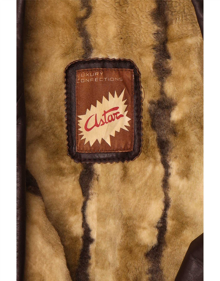 Vintage Mens Military Leather Double Breasted Coat UK 36 Small Brown