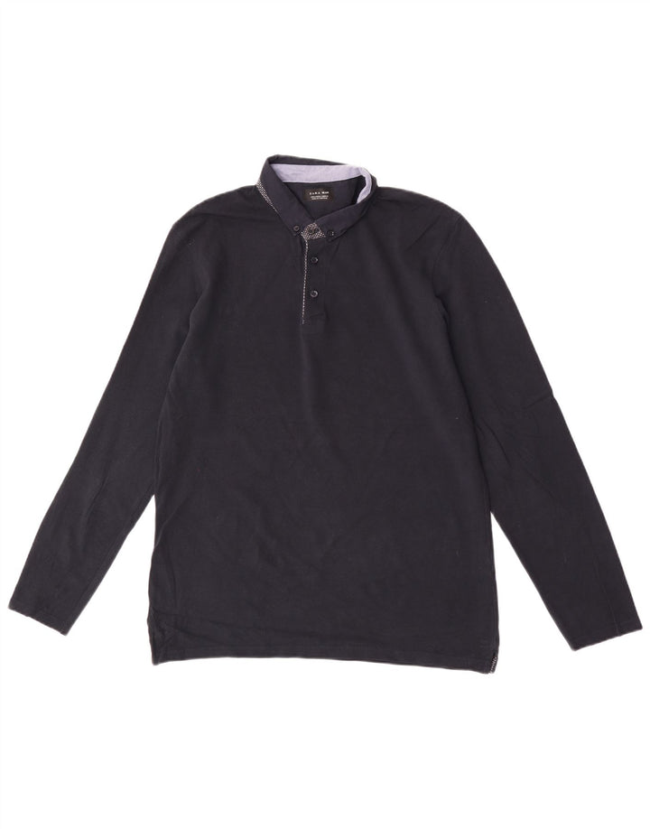 Zara Mens Long Sleeve Polo Shirt Large Navy Blue