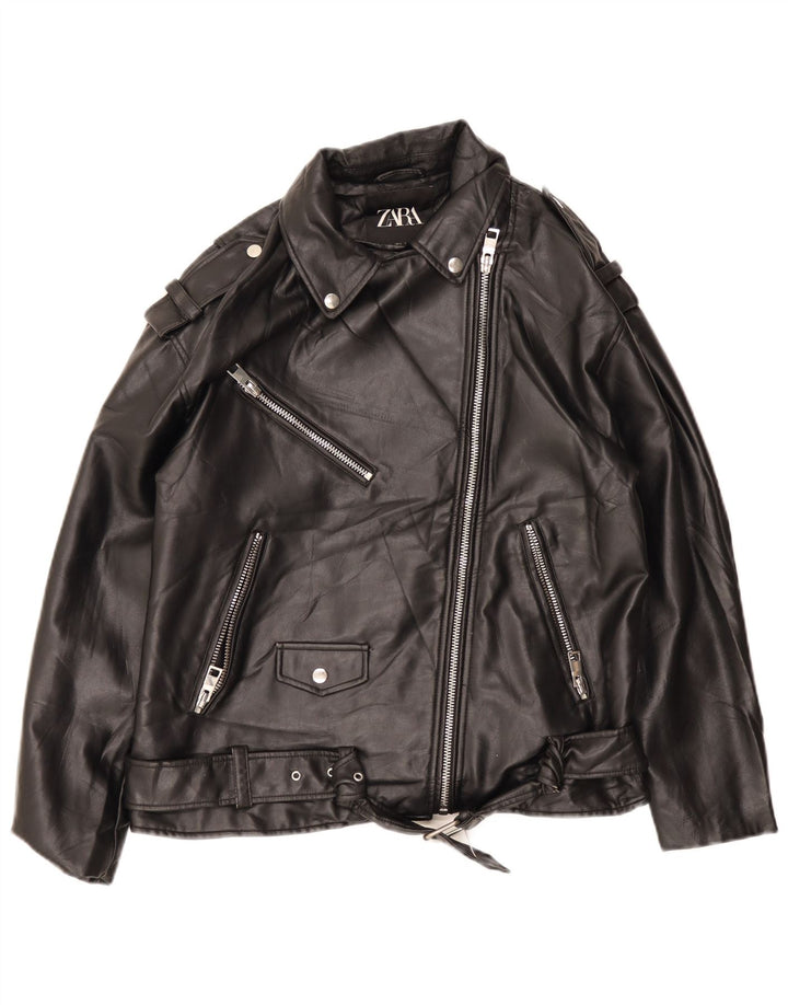 ZARA Damen Übergroße Kunstleder-Bikerjacke UK 10 Small Schwarz