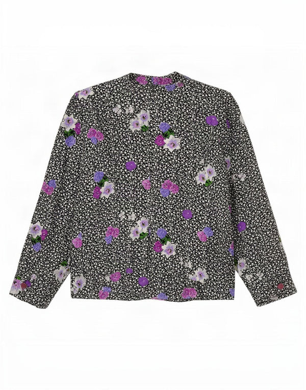 Camicetta camicia vintage da donna UK 12 medio nero floreale
