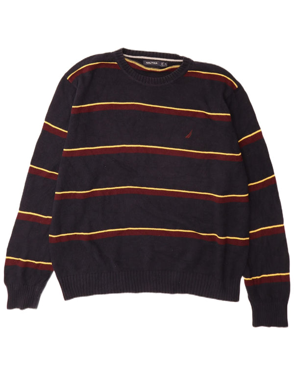 Nautica Mens Crew Neck Jumper Sweater XL Navy Blue Striped Cotton