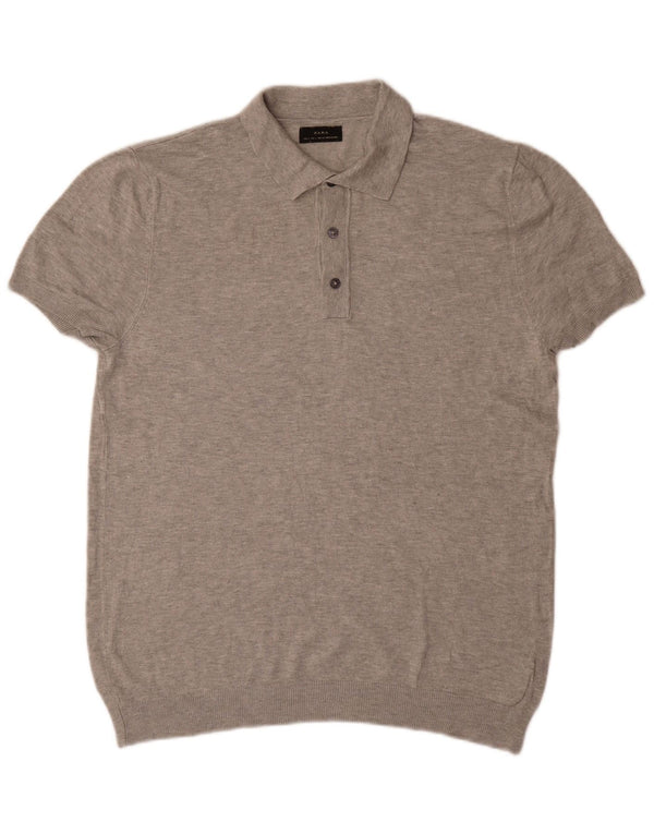 Zara Mens Short Sleeve Polo Neck Jumper Sweater Large Grey Viscose