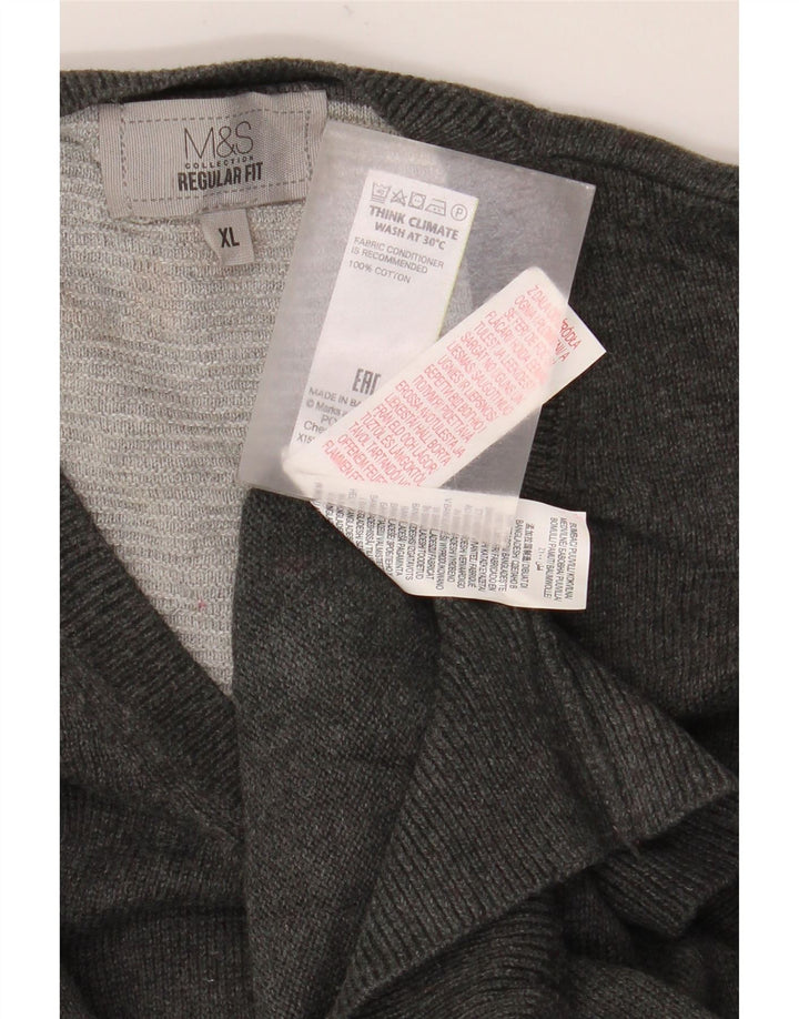 Marks & Spencer Mens Regular Fit V-Neck Jumper Sweater XL Grey Cotton