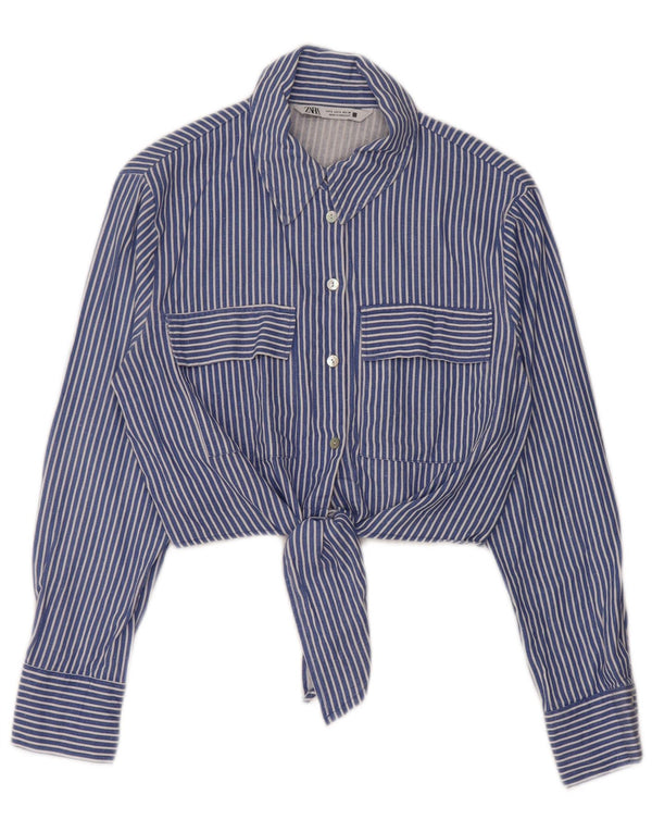 Zara Womens Front Tie Crop Shirt Bluse UK 10 Small Blue Striped