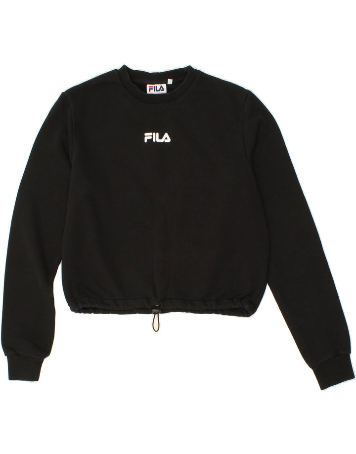 FILA Womens Oversized Crop Graphic Sweatshirt Jumper UK 10 Small Black Vintage Fila and Second-Hand Fila from Messina Hembry 