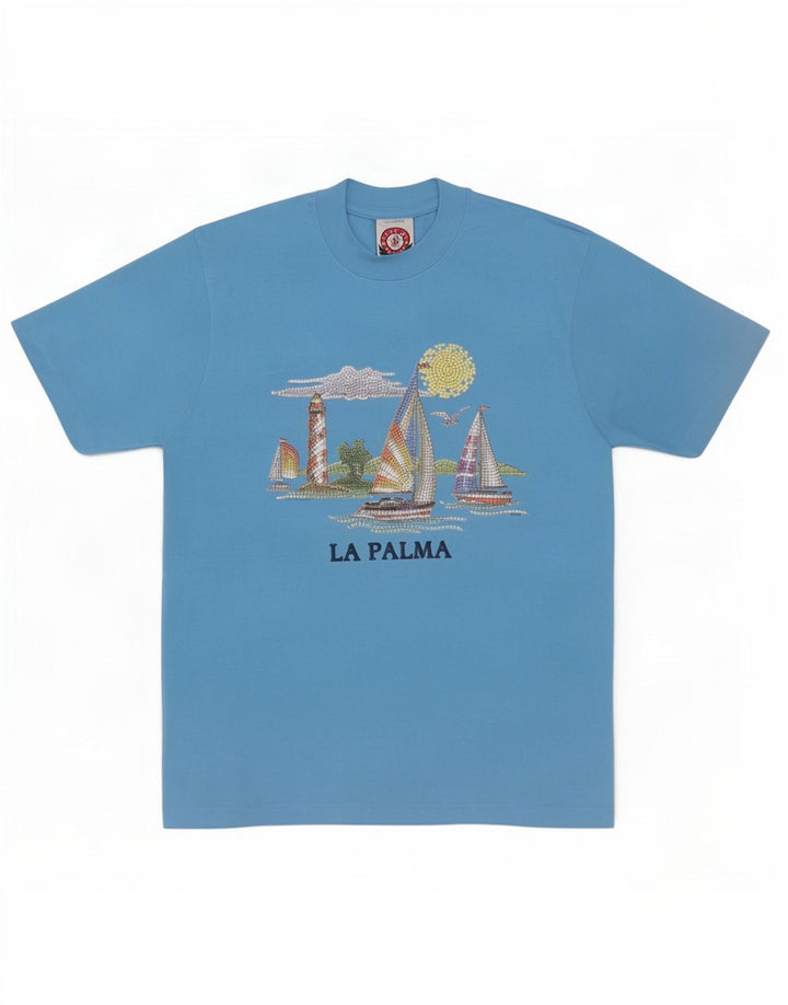 T-shirt grafica da uomo vintage in cotone blu medio