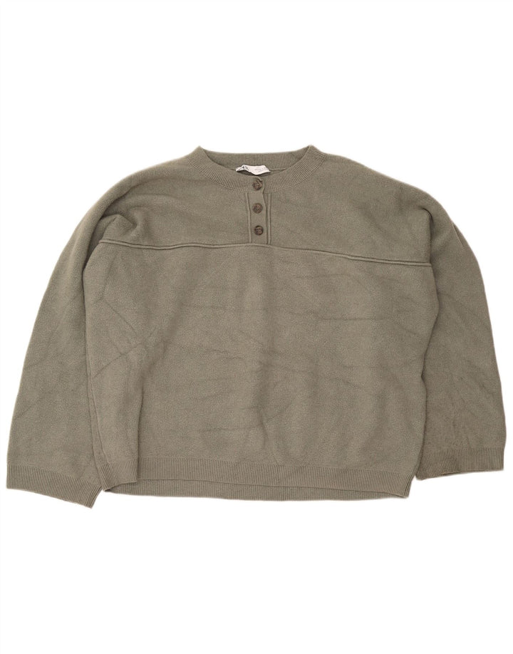 Zara Womens Oversized Button Neck Jumper Sweater UK 16 Large Khaki Viscose
