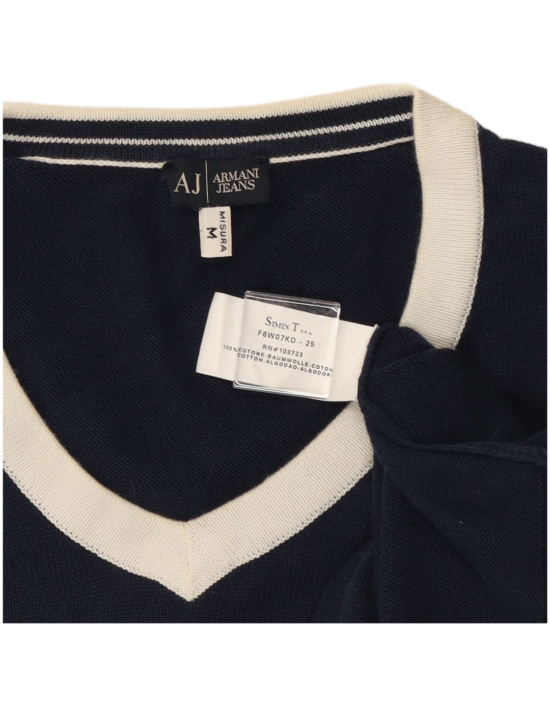 Armani Mens V-Neck Jumper Sweater Medium Navy Blue Colourblock Cotton