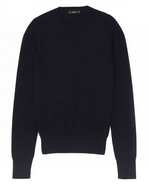 Zara Mujer Crop Crew Neck Jumper Sweater UK 10 Small Azul Marino Poliéster