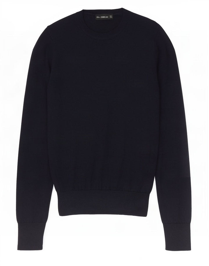 Zara Womens Crop Crew Neck Jumper Sweater UK 10 Small Navy Blue Polyester