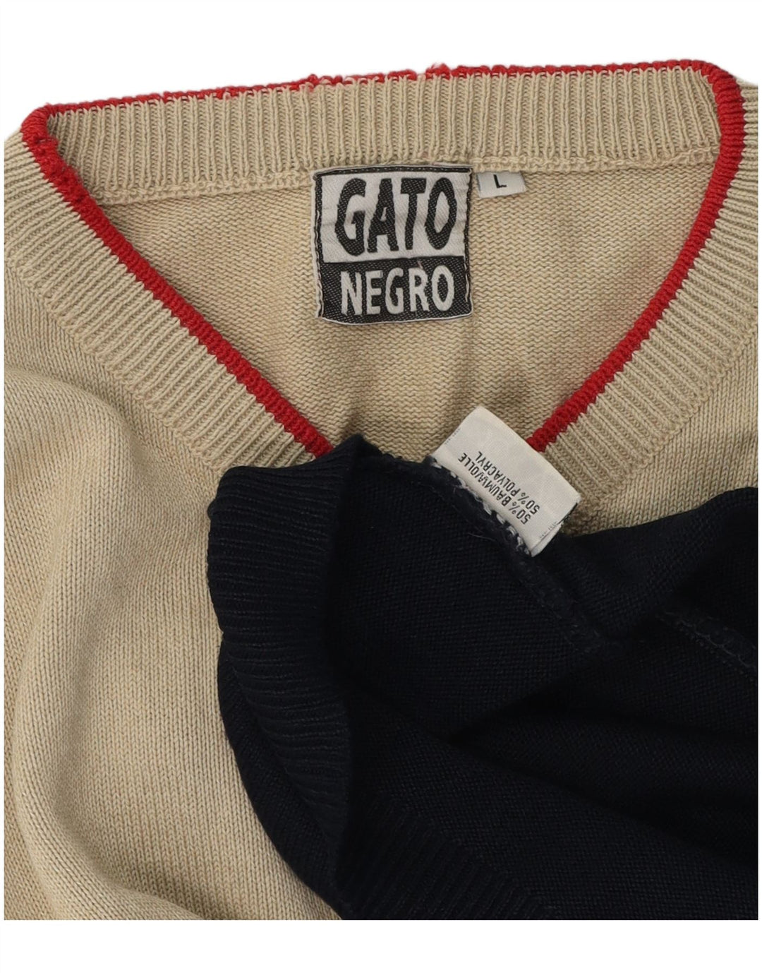 Vintage Mens Jumper Sweater Large Beige Colourblock Polyacrylic