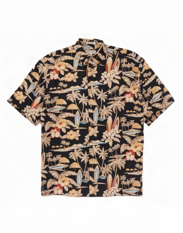 Camicia a maniche corte da uomo Pierre Cardin hawaiana in cotone floreale nero medio