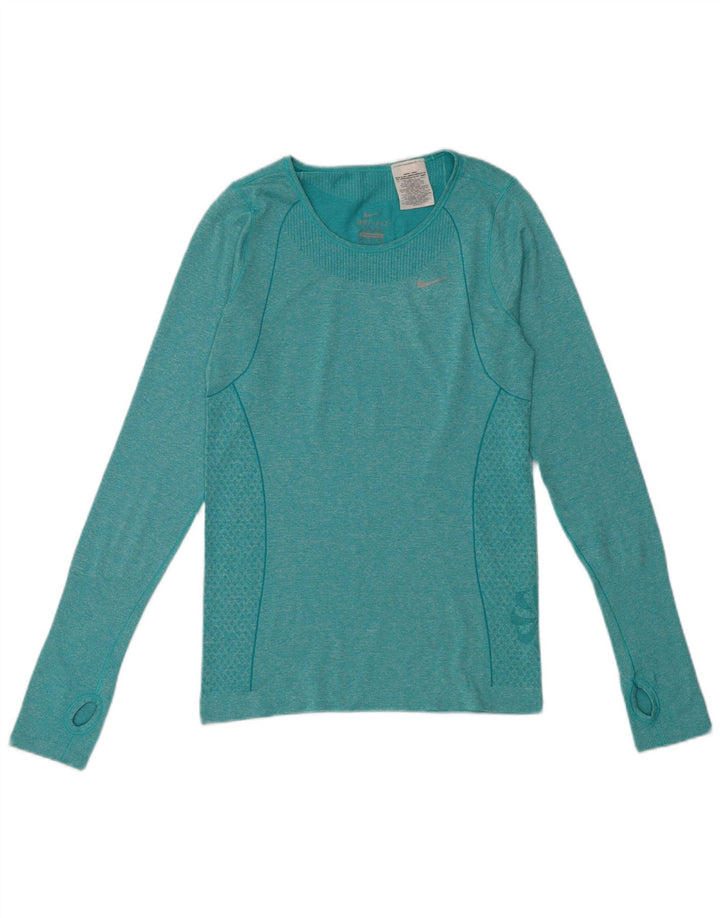 Nike Damen Dri Fit Top Langarm UK 10 Small Grün geflecktes Polyester