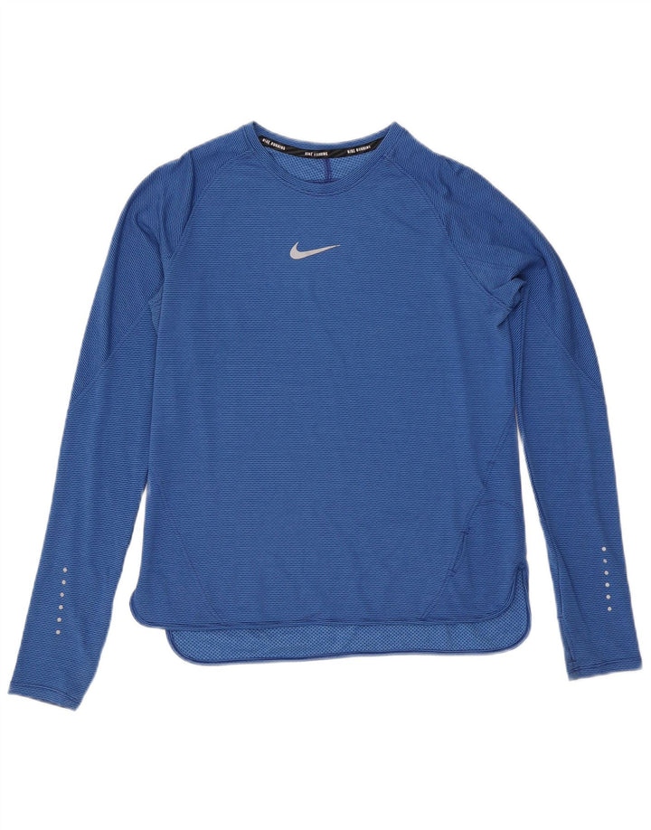 Nike Womens Dri Fit Top Long Sleeve UK 14 Large Blue Pinstripe Polyester