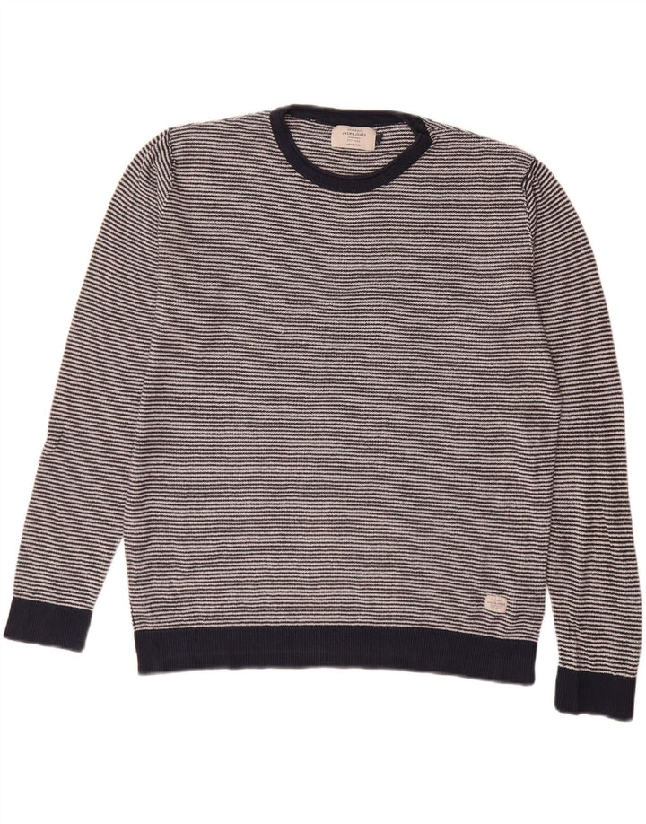 Jack & Jones Mens Crew Neck Jumper Sweater Large Navy Blue Striped