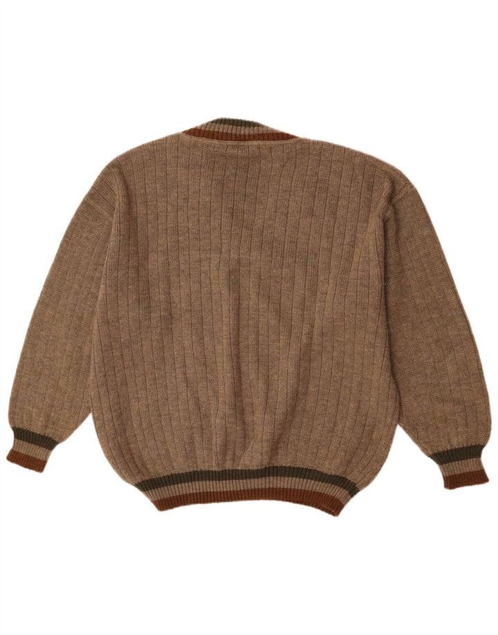 Vintage Mens V-Neck Jumper Sweater XL Beige Wool