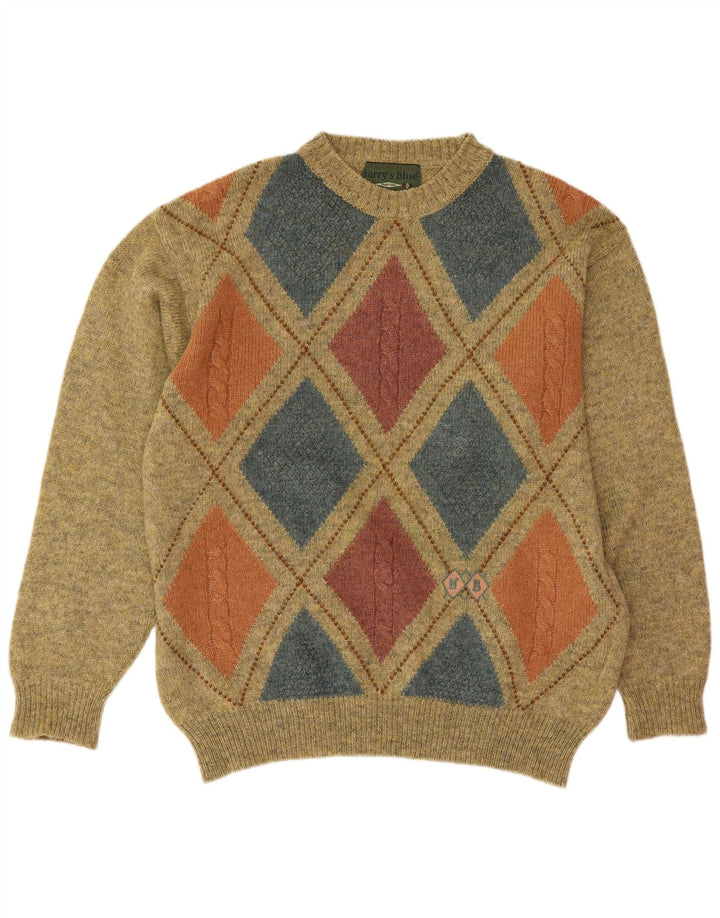 Vintage Mens Crew Neck Jumper Sweater Medium Green Argyle/Diamond Wool