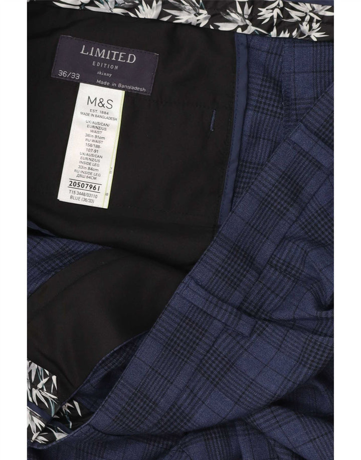 Marks & Spencer Mens Skinny Suit Trousers W36 L33 Navy Blue Check Polyester