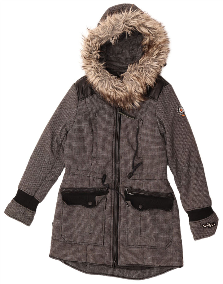 KHUJO Womens Hooded Parka Jacket UK 14 Medium Grey Colourblock Polyester