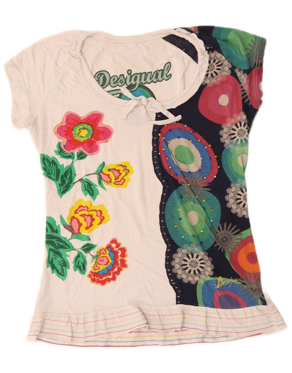 Desigual T-shirt grafica da donna Top UK 14 Large White Floral Cotton