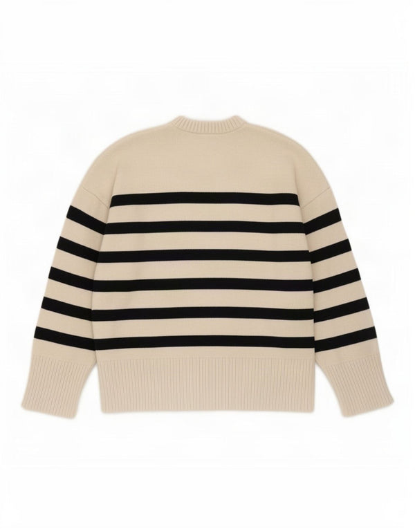 Zara Damen-Pullover mit Rundhalsausschnitt, UK 16, große beige gestreifte Viskose
