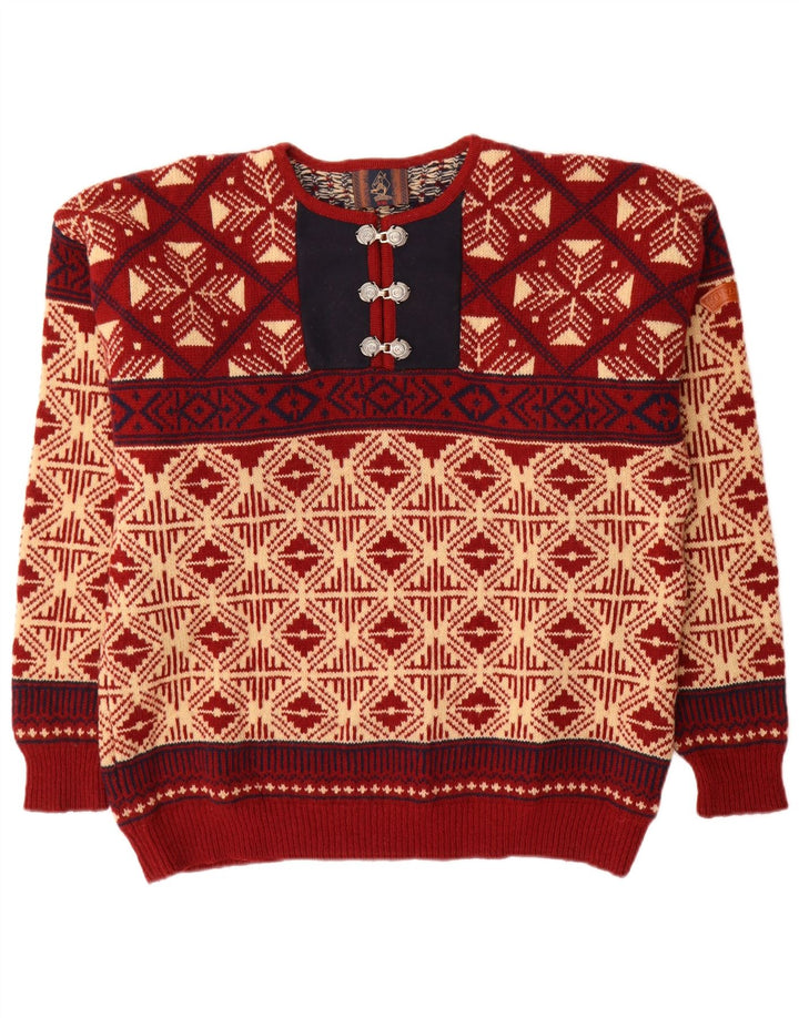 Sondre Mens Crew Neck Jumper Sweater Large Red Fair Isle Wool
