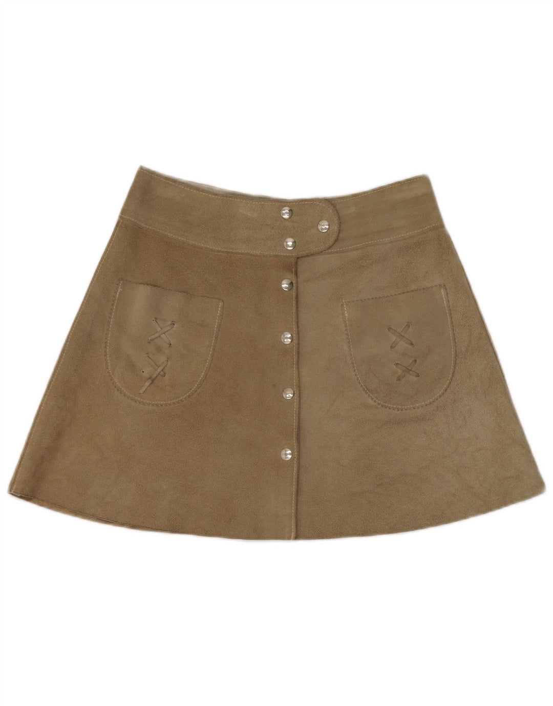 Vintage ženska mini suknja od brušene kože W28 srednje boje kaki kože
