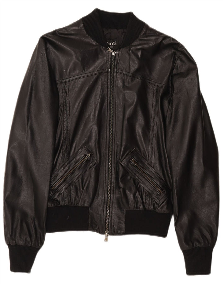 CINTI Womens Crop Bomber Leather Jacket IT 46 Large Black Leather