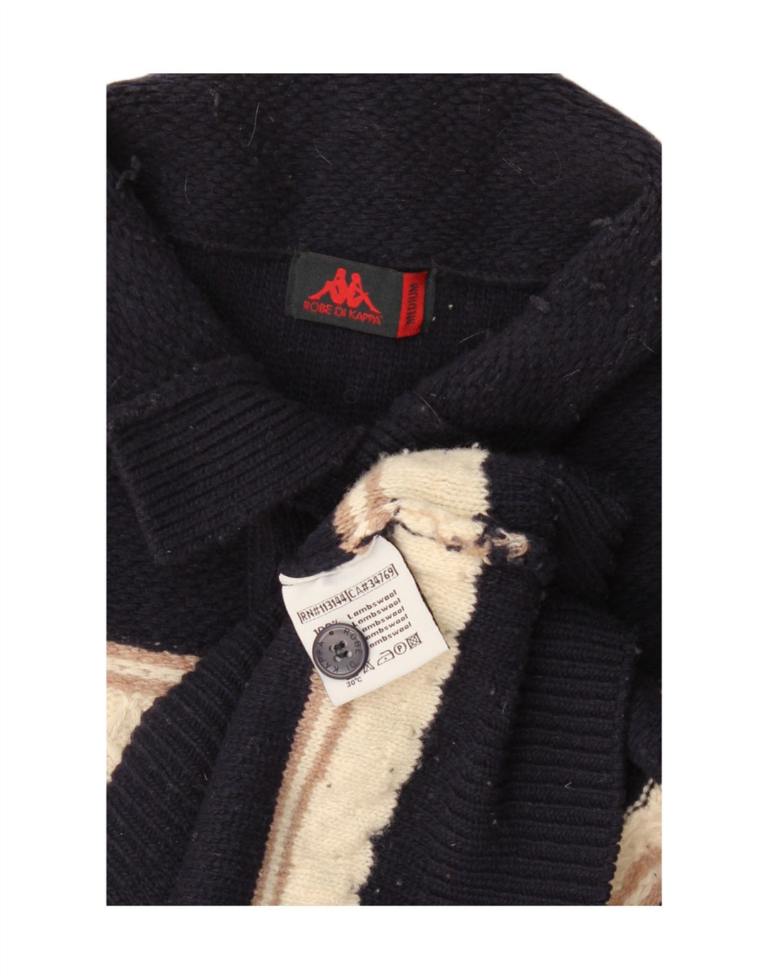 Kappa Mens Button Neck Jumper Sweater Medium Navy Blue Striped Lambswool