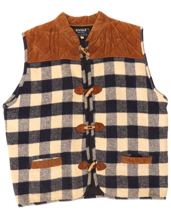Vintage hombres Duffle Gilet Reino Unido 40 grande azul marino comprobar algodón