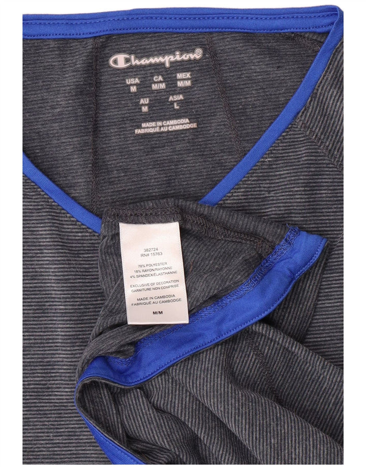 Champion Womens Top Long Sleeve UK 12 Medium Blue Pinstripe Polyester
