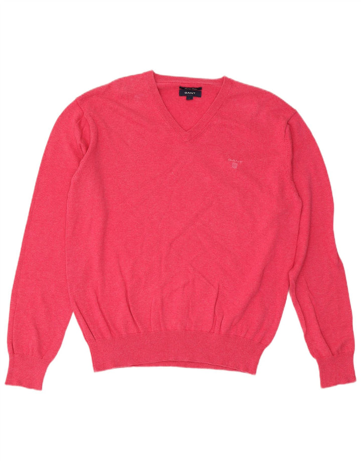 Gant Mens V-Neck Jumper Sweater Large Pink Cotton