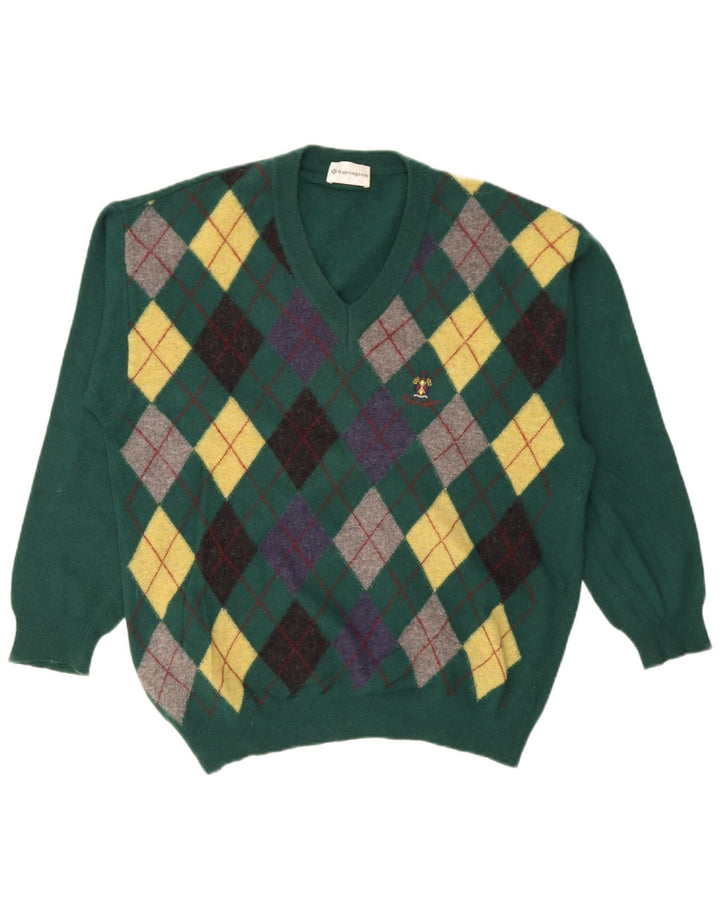 Burlington Mens V-Neck Jumper Sweater IT 52 Large Green Argyle/Diamond Wool