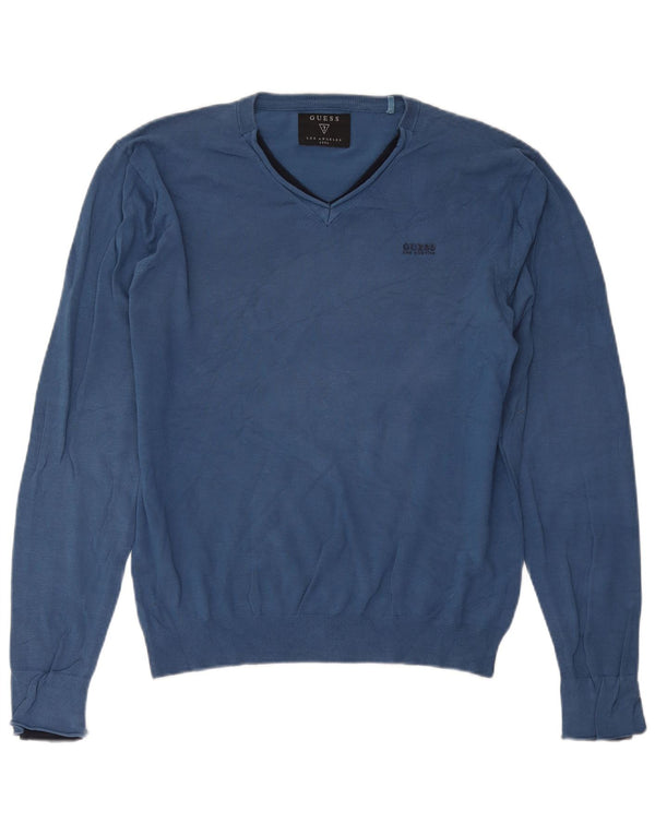 Guess Herren-Pullover mit V-Ausschnitt, groß, aus blauer Baumwolle