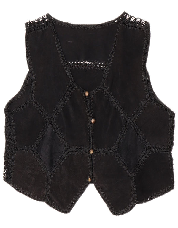 Vintage Womens Crop Suede Waistcoat UK 14 Medium Black Patchwork