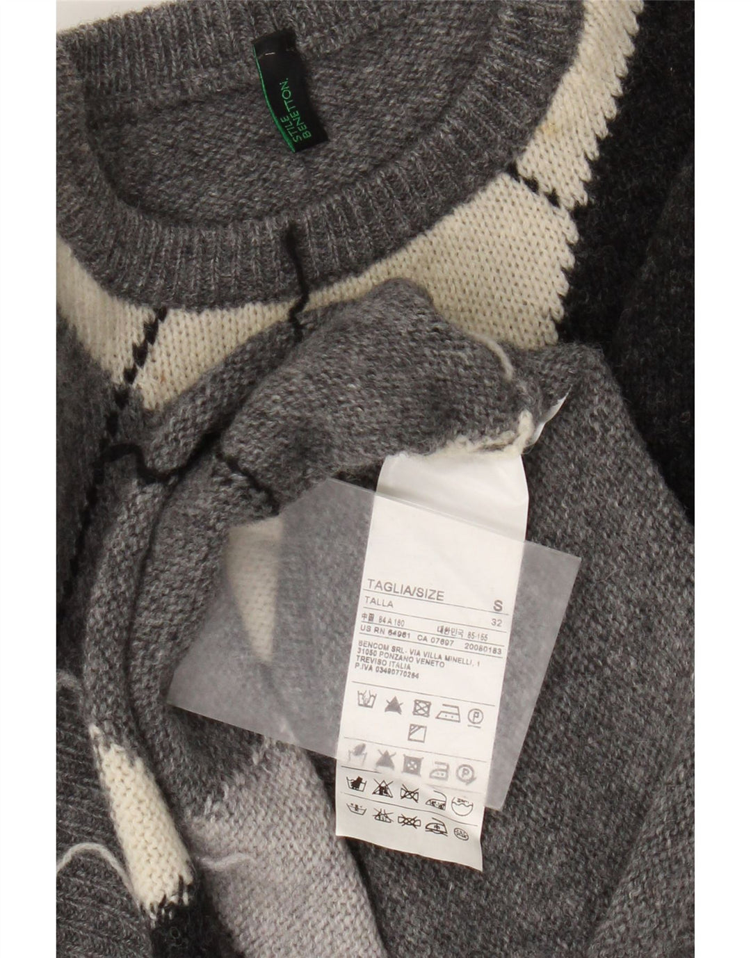 Benetton Womens Crew Neck Jumper Sweater UK 10 Small Grey Argyle/Diamond