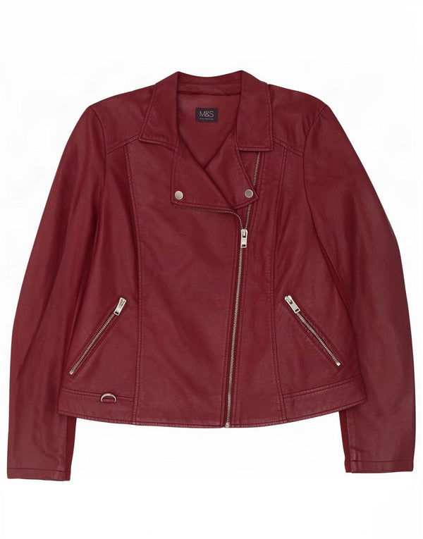 Marks & Spencer Womens Faux Leather Biker Jacket UK 14 Large Burgundy