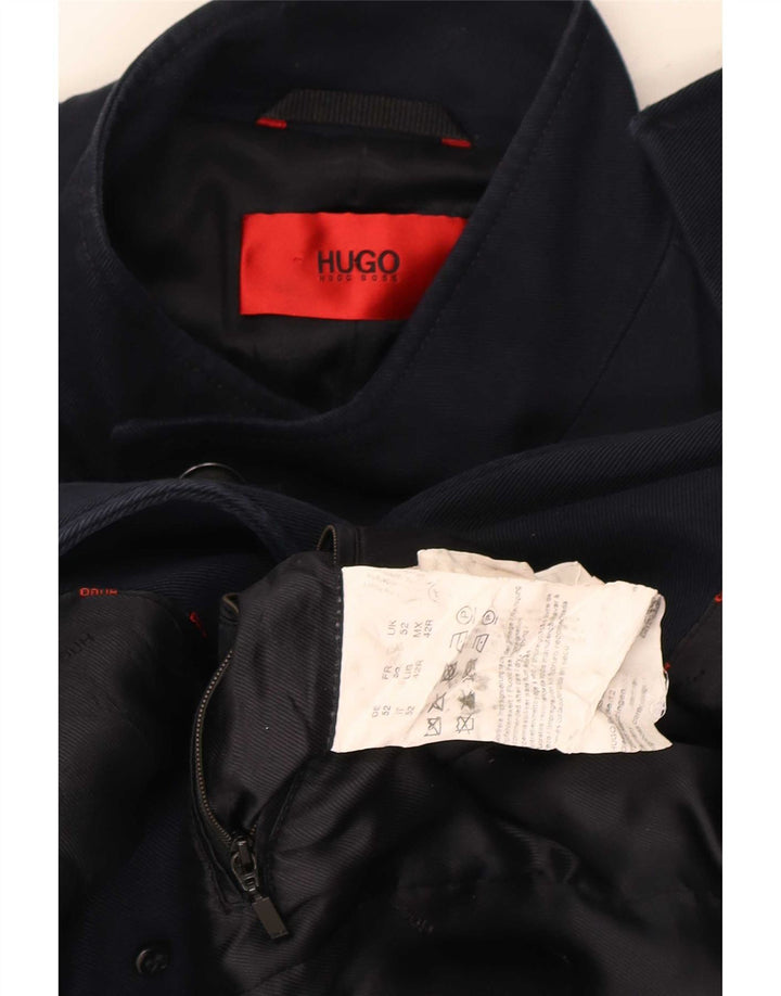 Hugo Boss Mens Overcoat EU 52 XL Navy Blue Cotton