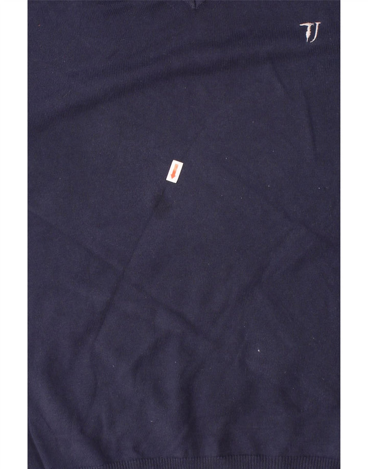 TRUSSARDI JEANS Mens V-Neck Jumper Sweater Medium Navy Blue Cotton Vintage Trussardi Jeans and Second-Hand Trussardi Jeans from Messina Hembry 