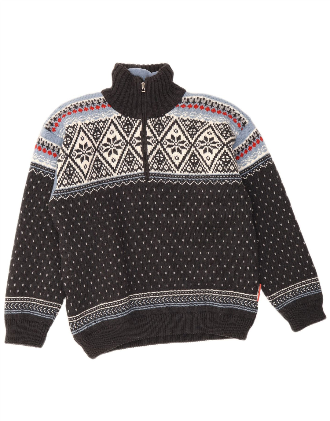 F.LLI Campagnolo Mens Zip Neck Jumper Sweater Medium Black Fair Isle